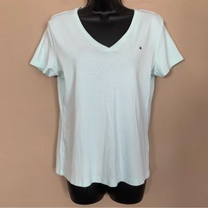 Tommy Hilfiger Light Teal Logo V Neck Cotton Tee